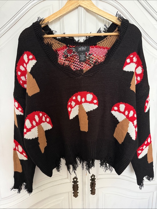 just polly Sweaters - Just Polly NY Mushroom Distressed Knit Sweater Black Red Edgy Whimsygoth Size M